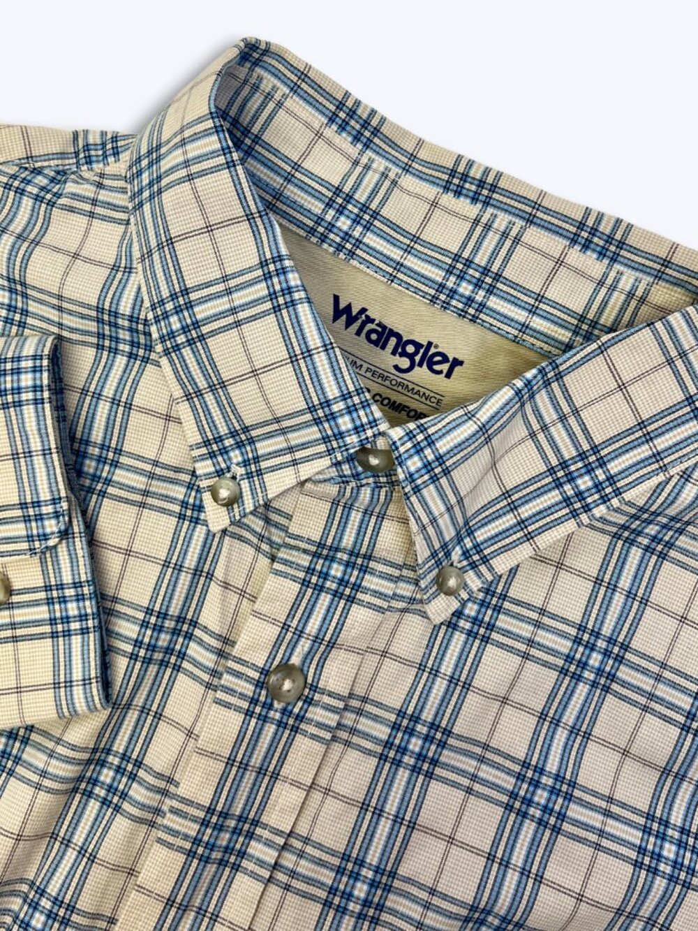 Wrangler Men's XXL Premium Performance Advanced Comfort Blue Khaki Plaid Shirt